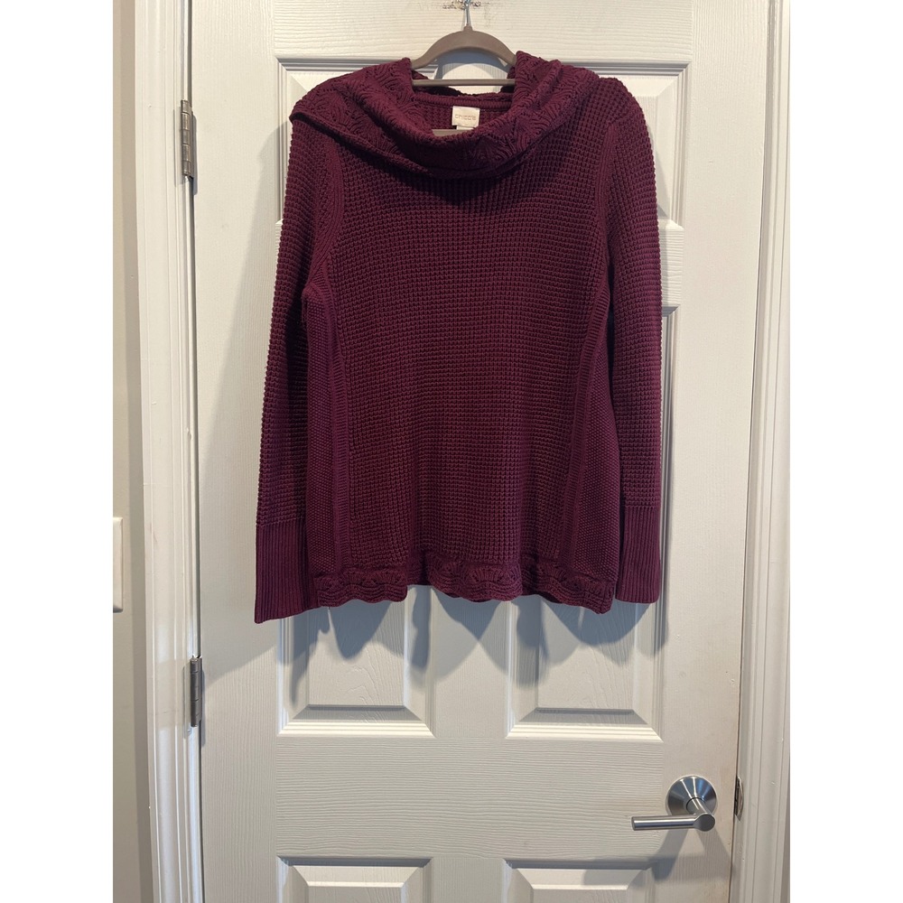 Chicos Waffle Knit Cowl Neck Sweater Plum Purple Pointelle Scallop Hem Size 2 L
